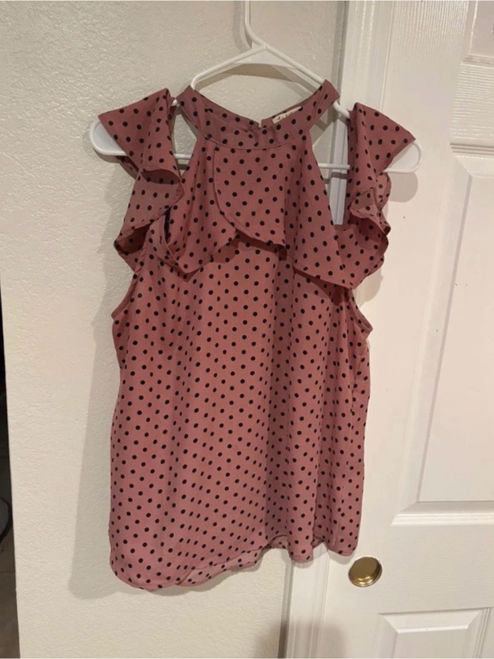 Lily White Dusty Rose Polka Dot Ruffle Halter Blouse